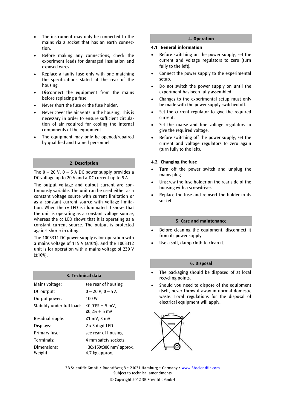 3B Scientific DC Power Supply 20 V, 5 A (115 V, 50__60 Hz) User Manual | Page 2 / 2