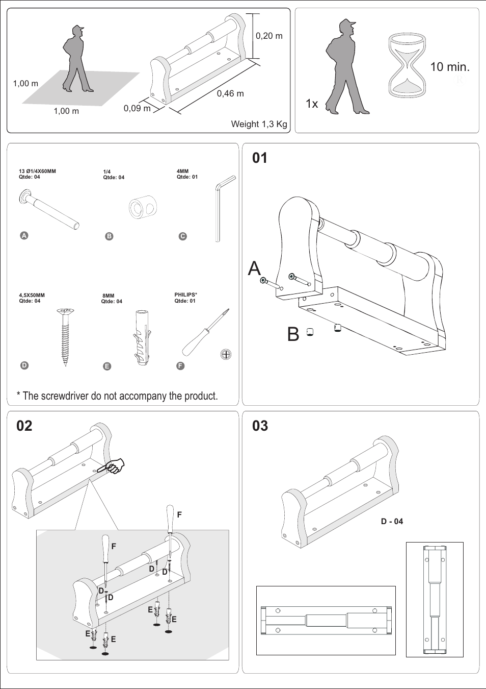 10 min. 1x, The screwdriver do not accompany the product | 3B Scientific Wrist Exerciser User Manual | Page 2 / 2