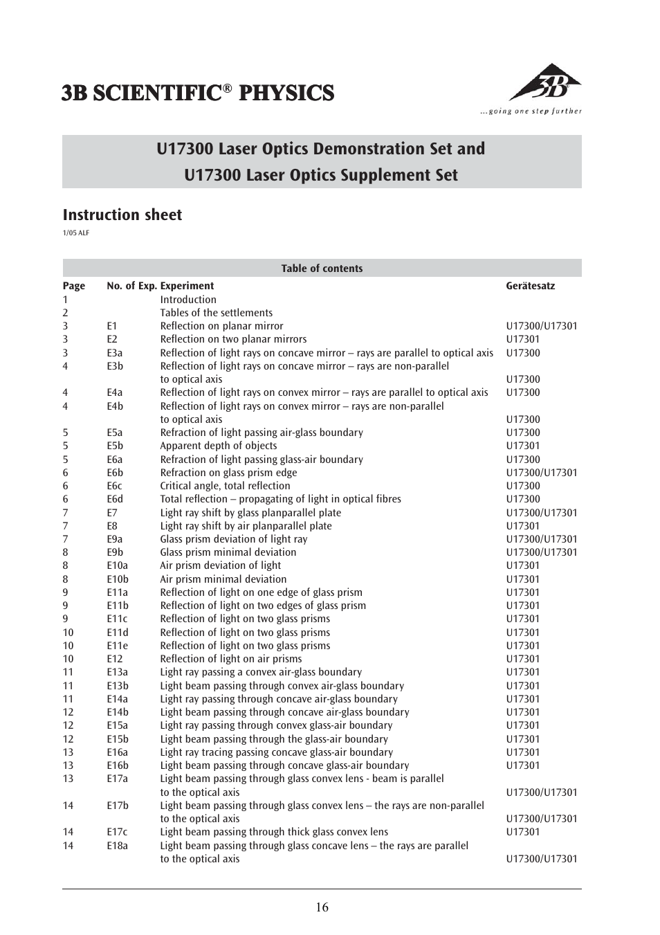 3b scientific, Instruction sheet | 3B Scientific Laser Optics Supplemental Set User Manual | Page 16 / 93