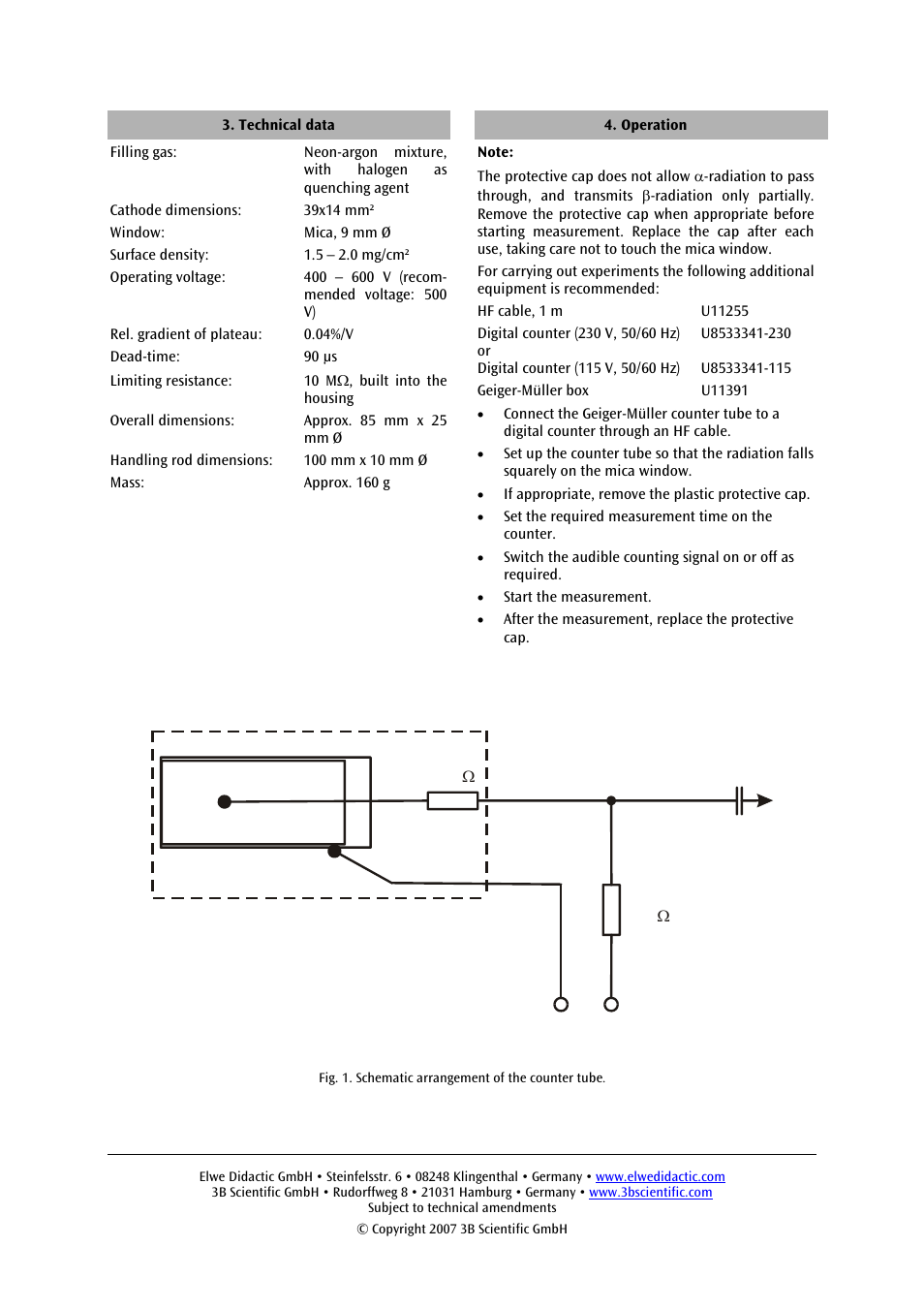 Technical data, Operation | 3B Scientific Geiger-Muller Counter Tube User Manual | Page 2 / 2