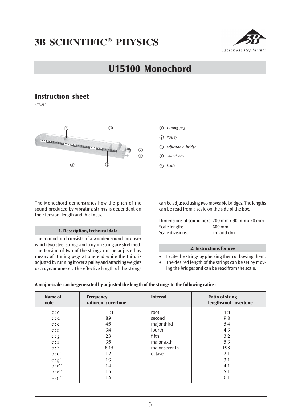 Instruction sheet | 3B Scientific Demonstration Monochord User Manual | Page 3 / 12