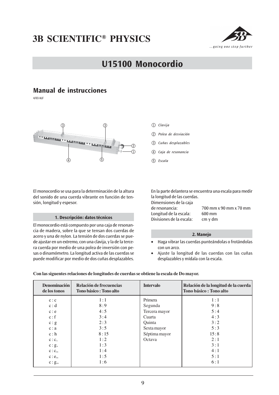 Manual de instrucciones | 3B Scientific Demonstration Monochord User Manual | Page 9 / 12