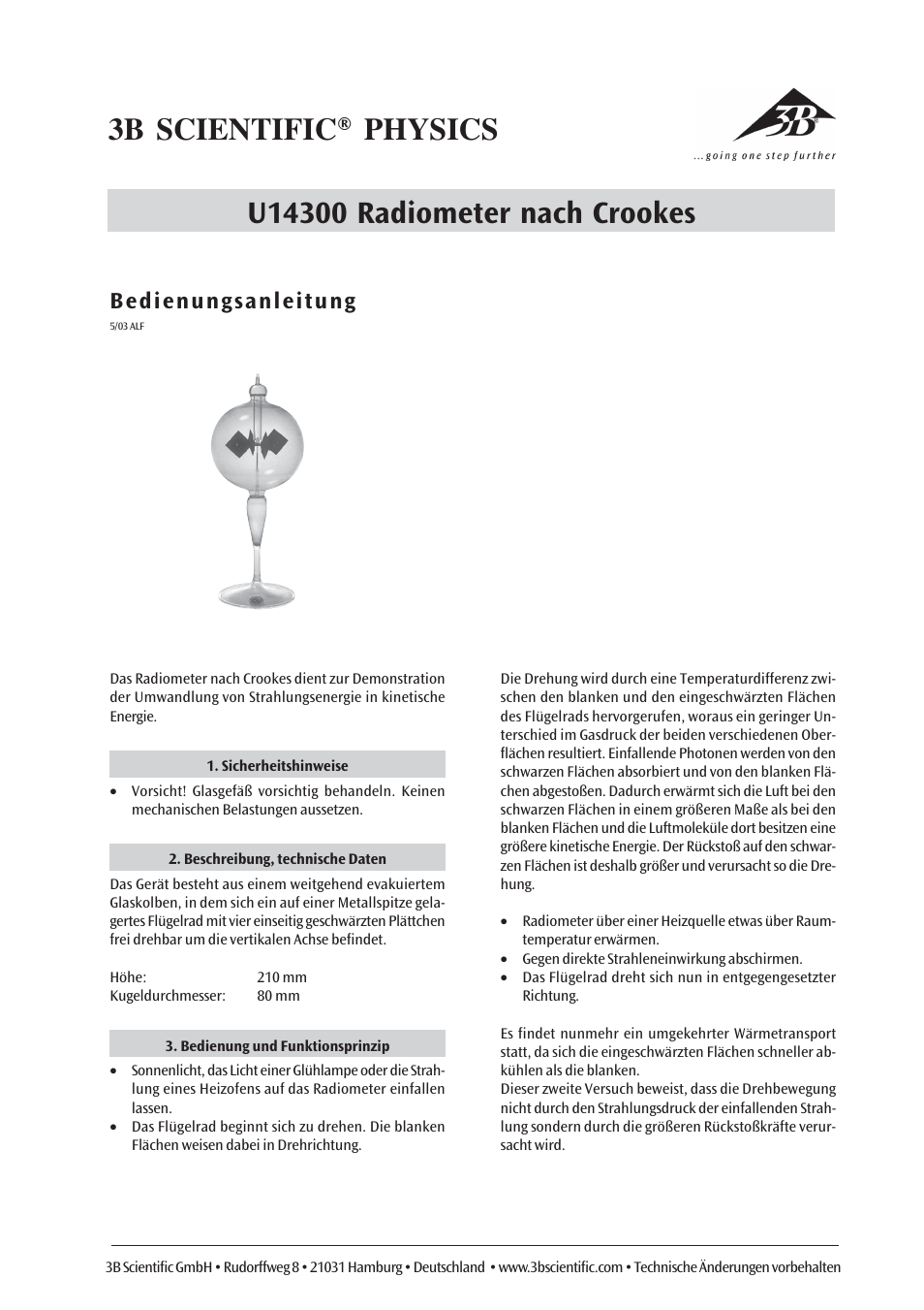 3B Scientific Radiation of Heat__Crookes Radiometer User Manual | 6 pages