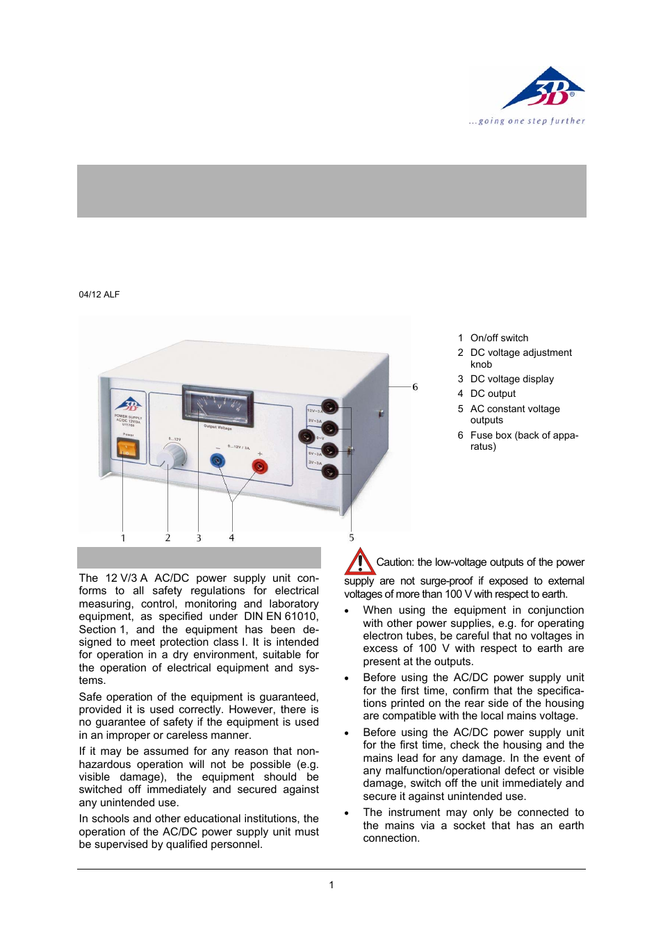 3B Scientific AC__DC Power Supply 0-12 V, 3 A (115 V, 50__60 Hz) User Manual | 4 pages