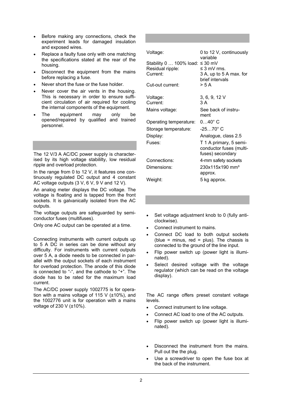 3B Scientific AC__DC Power Supply 0-12 V, 3 A (115 V, 50__60 Hz) User Manual | Page 2 / 4