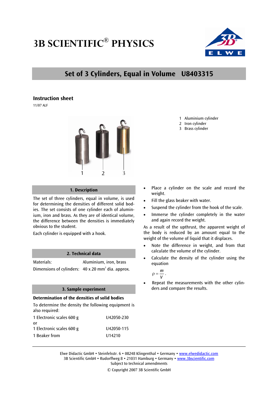 3b scientific, Physics | 3B Scientific Set of 3 Cylinders, Equal in Volume User Manual | Page 2 / 6
