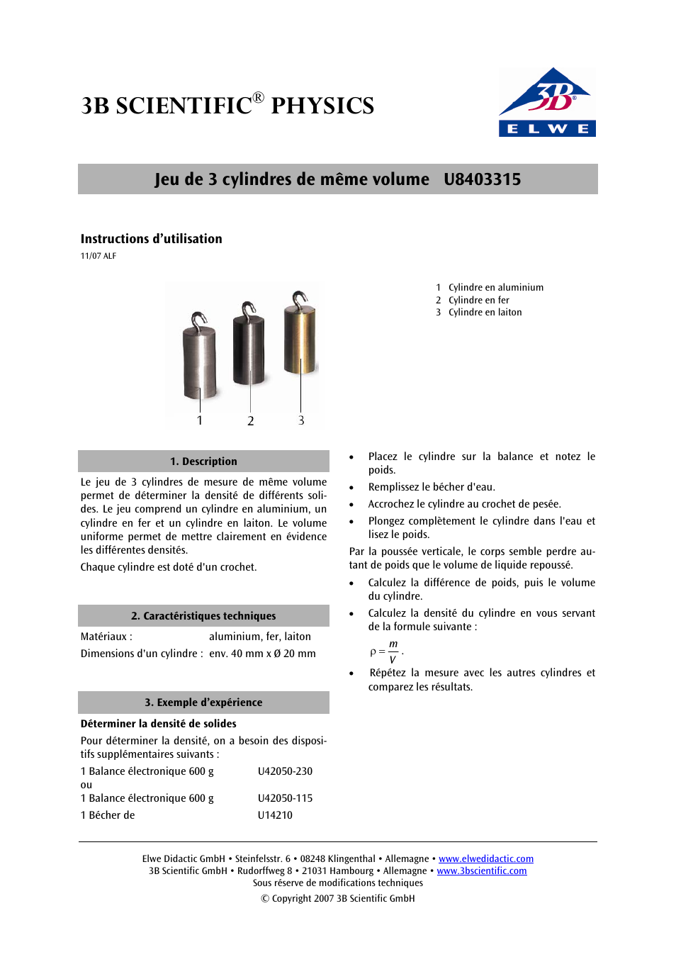 3b scientific, Physics | 3B Scientific Set of 3 Cylinders, Equal in Volume User Manual | Page 3 / 6