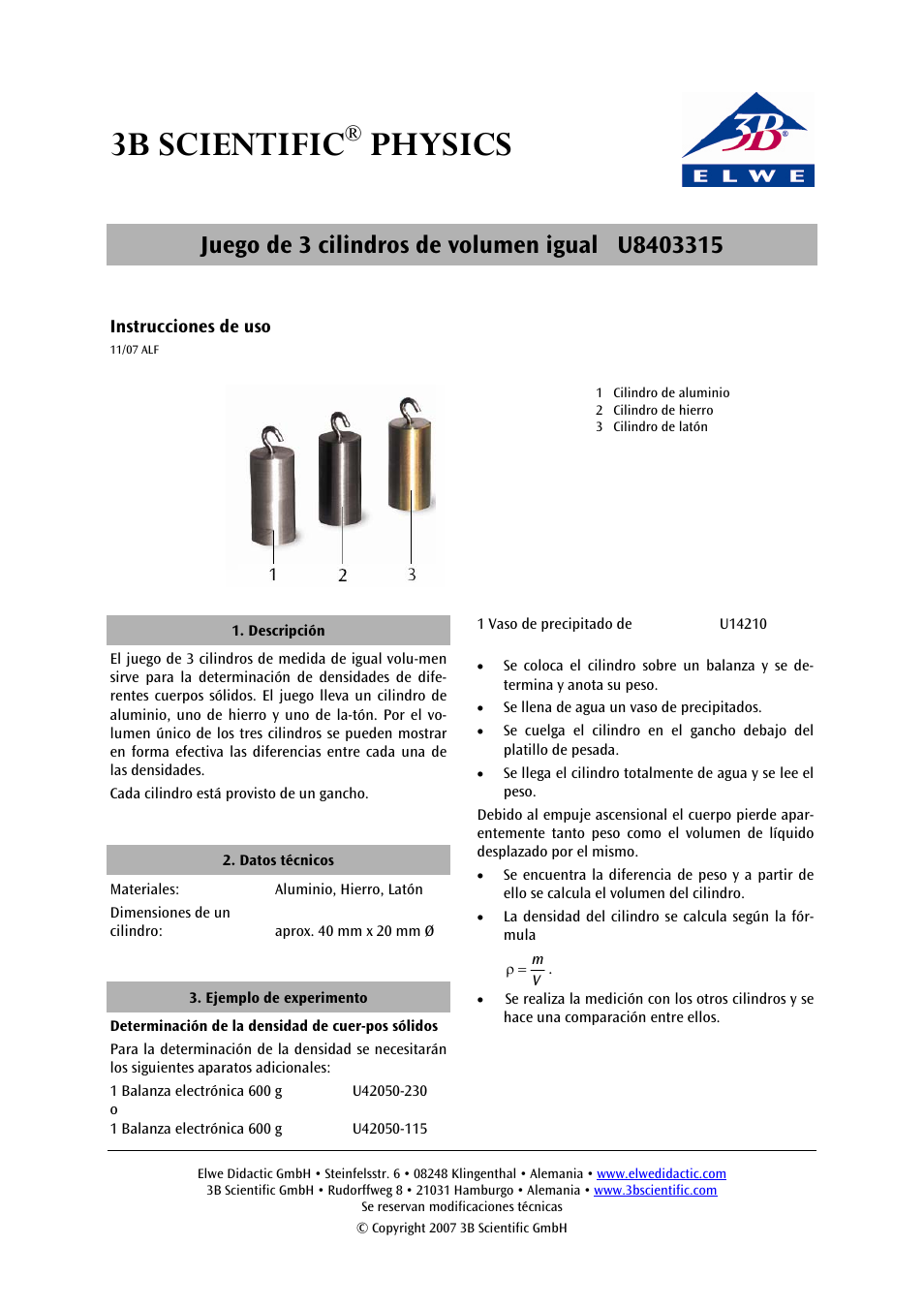 3b scientific, Physics | 3B Scientific Set of 3 Cylinders, Equal in Volume User Manual | Page 5 / 6