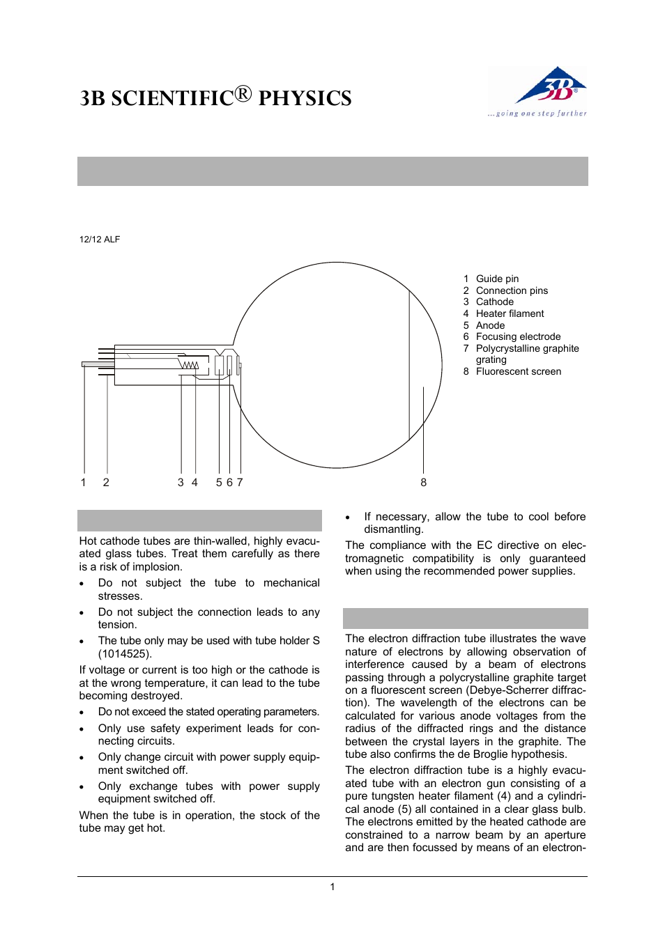 3B Scientific Teltron Electron Diffraction Tube S User Manual | 4 pages