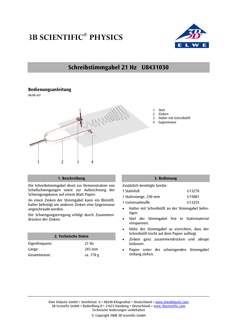 3B Scientific Tuning Fork 21 Hz with Plotter Pen User Manual | 12 pages