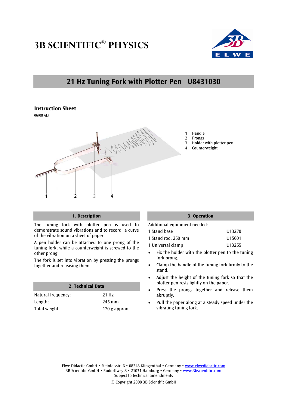 3b scientific, Physics | 3B Scientific Tuning Fork 21 Hz with Plotter Pen User Manual | Page 3 / 12