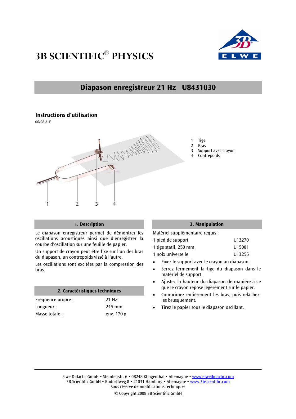 3b scientific, Physics | 3B Scientific Tuning Fork 21 Hz with Plotter Pen User Manual | Page 5 / 12