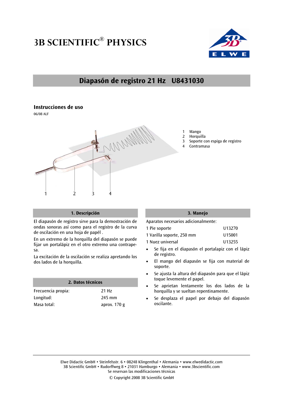 3b scientific, Physics | 3B Scientific Tuning Fork 21 Hz with Plotter Pen User Manual | Page 9 / 12