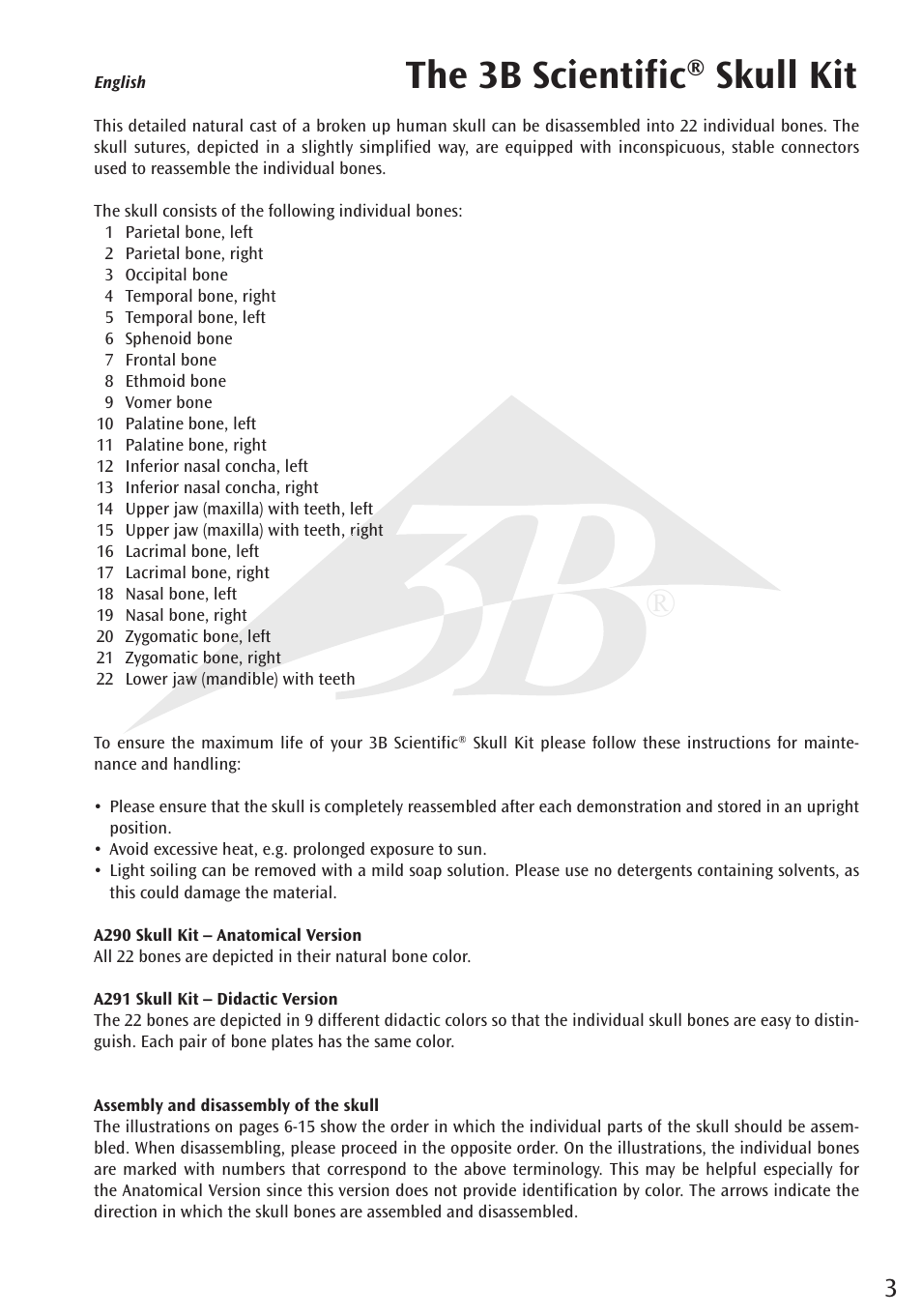 The 3b scientific® skull kit | 3B Scientific Beauchene Adult Human Skull Model - Didactic Colored Version, 22 part User Manual | Page 3 / 20