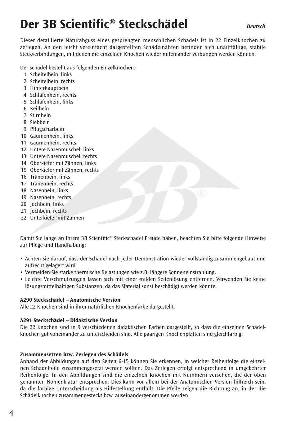 Der 3b scientific® steckschädel | 3B Scientific Beauchene Adult Human Skull Model - Didactic Colored Version, 22 part User Manual | Page 4 / 20