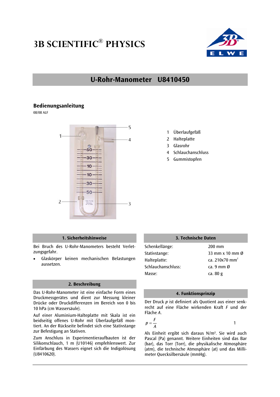 3B Scientific U-Tube Manometer S User Manual | 12 pages