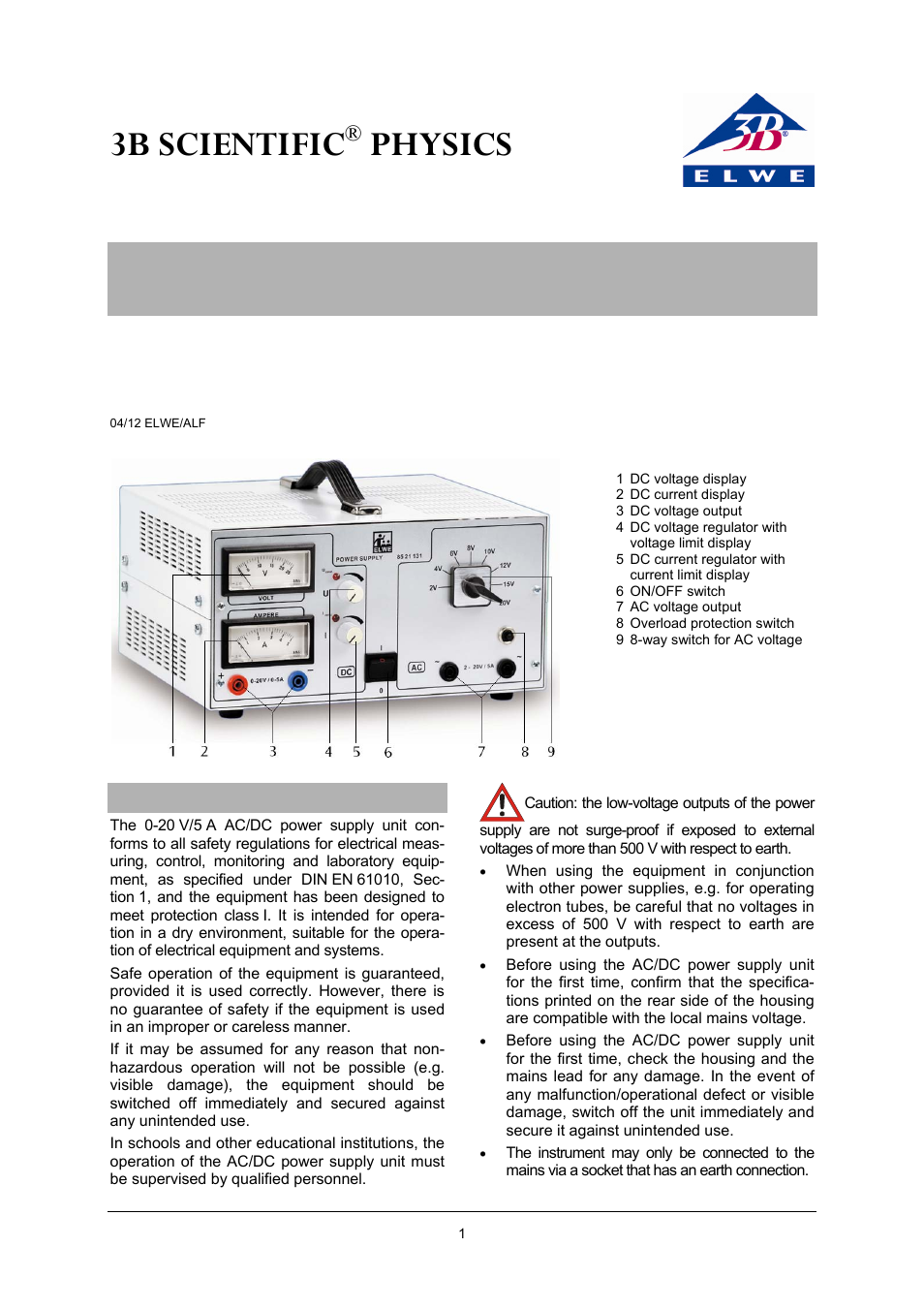3B Scientific AC__DC Power Supply 0-20 V, 0-5 A (230 V, 50__60 Hz) User Manual | 4 pages