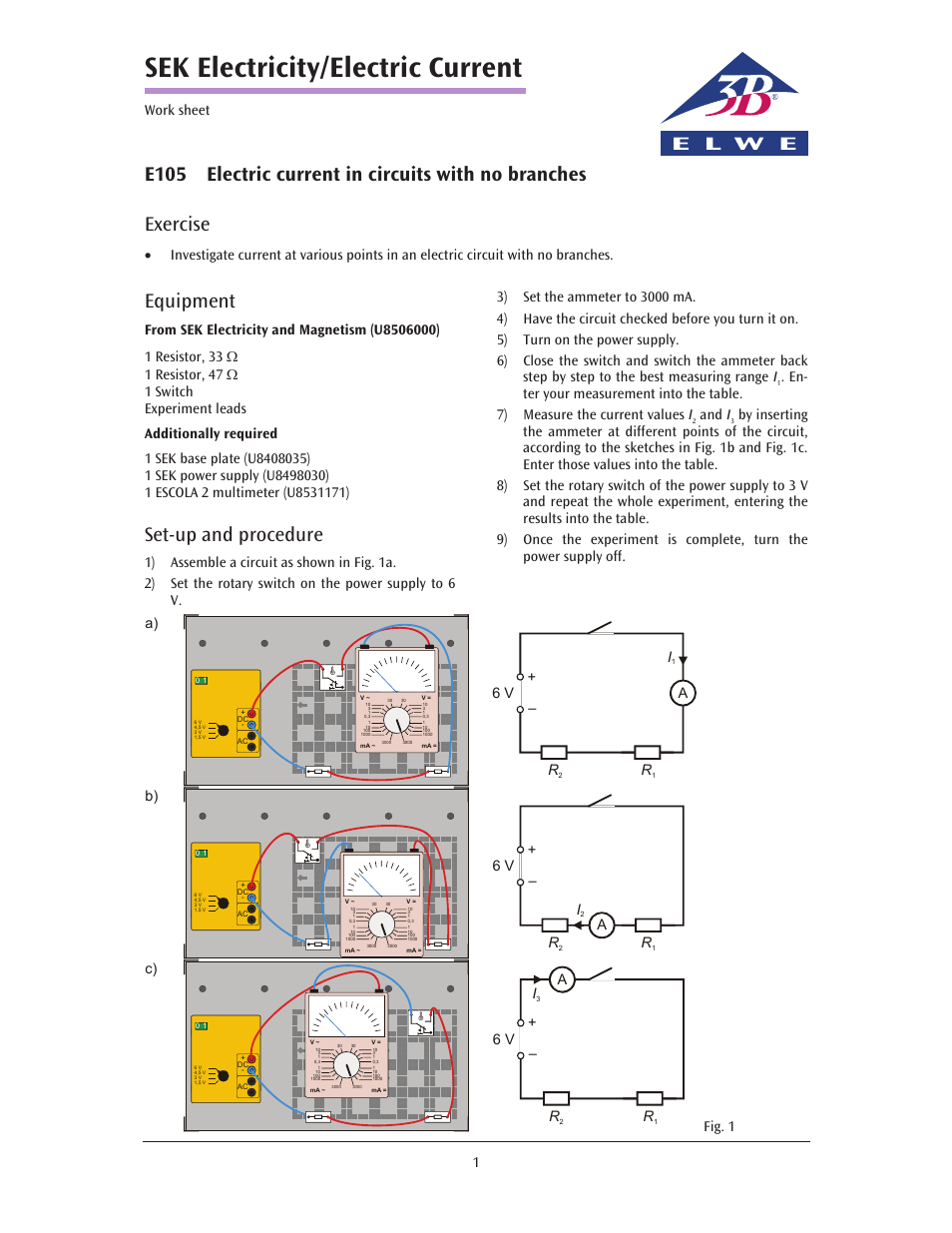 Sek electricity/electric current, E105 electric current in circuits with no branches, Exercise | Equipment, Set-up and procedure, Work sheet 1, And i, 6 v a i, Fig. 1 | 3B Scientific Advanced Electricity and Magnetism Kit User Manual | Page 2 / 3