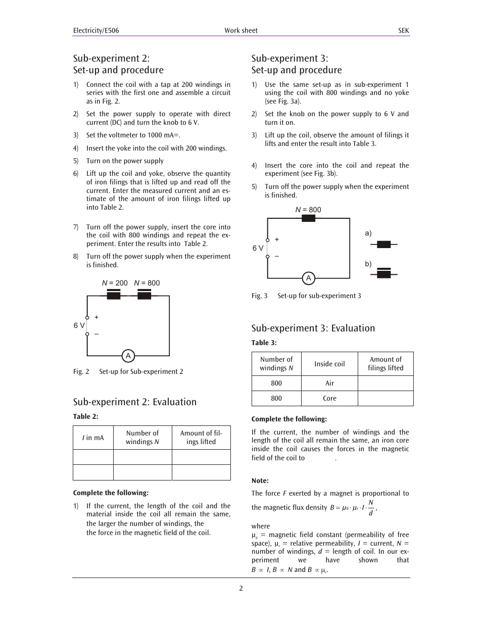 Sub-experiment 2: set-up and procedure, Sub-experiment 2: evaluation, Sub-experiment 3: set-up and procedure | Sub-experiment 3: evaluation | 3B Scientific Advanced Electricity and Magnetism Kit User Manual | Page 3 / 3