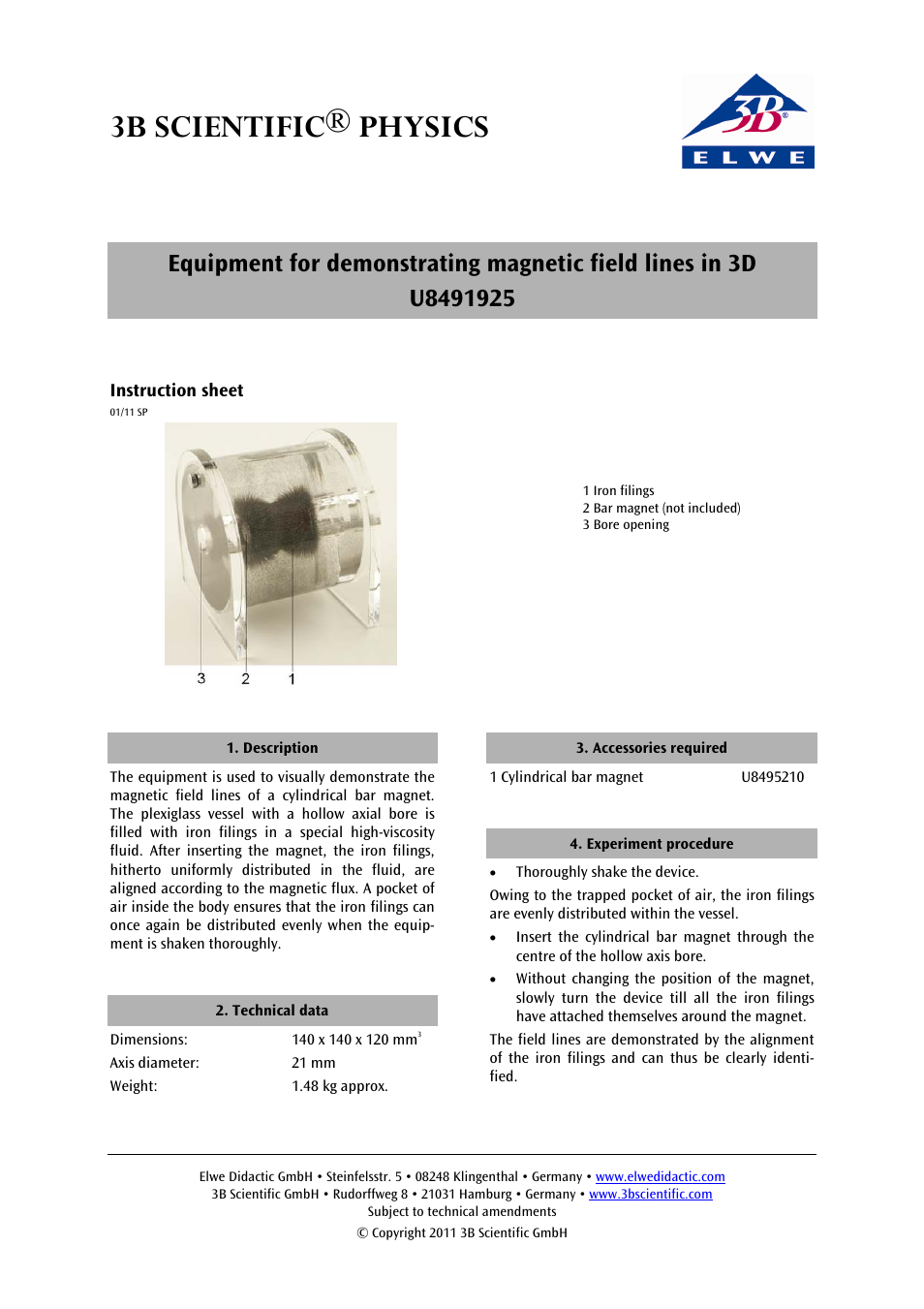 3B Scientific Magnetic Field Lines Device, Three Dimensional User Manual | 2 pages
