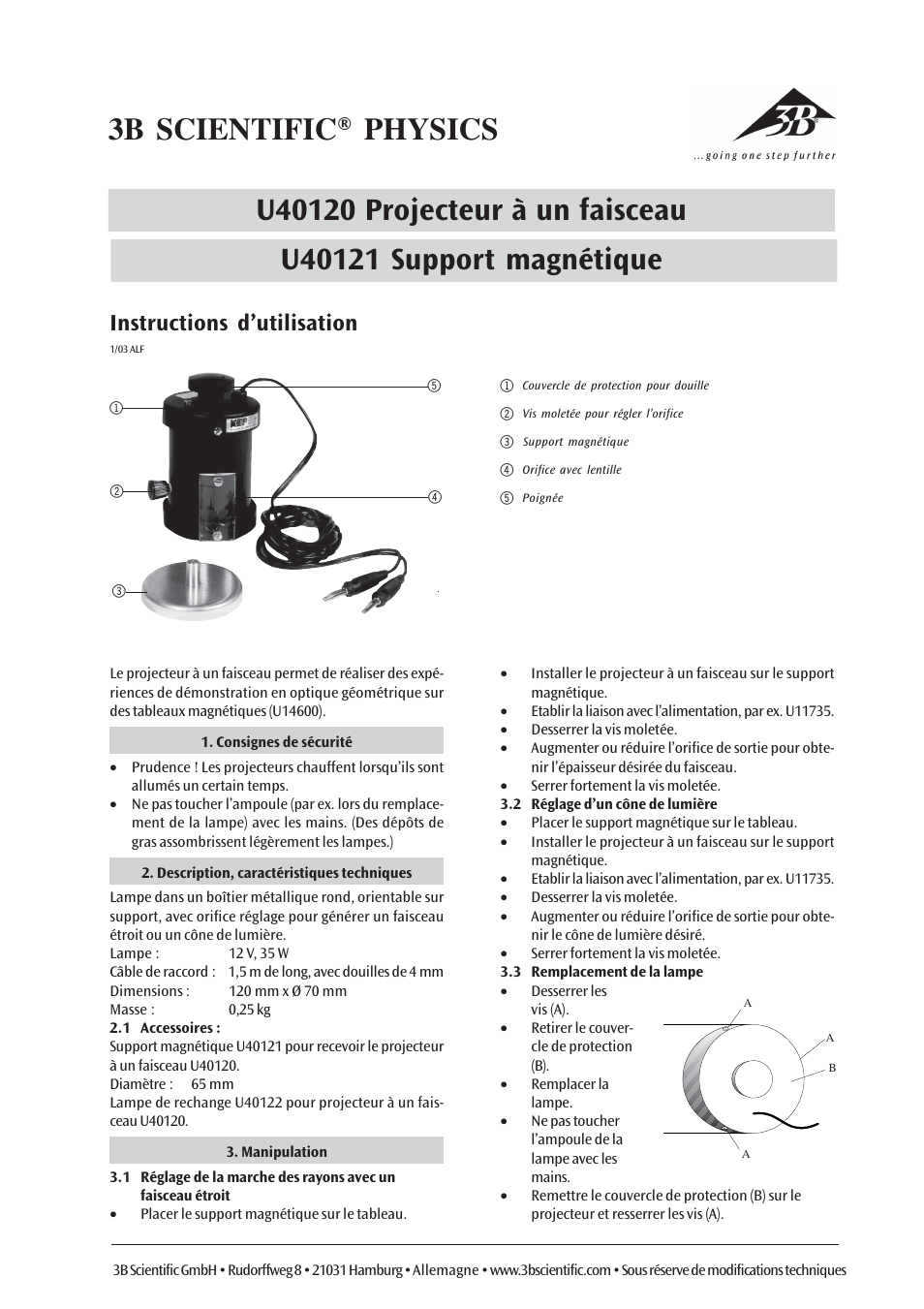 Instructions d’utilisation | 3B Scientific Single Ray Projector User Manual | Page 3 / 6