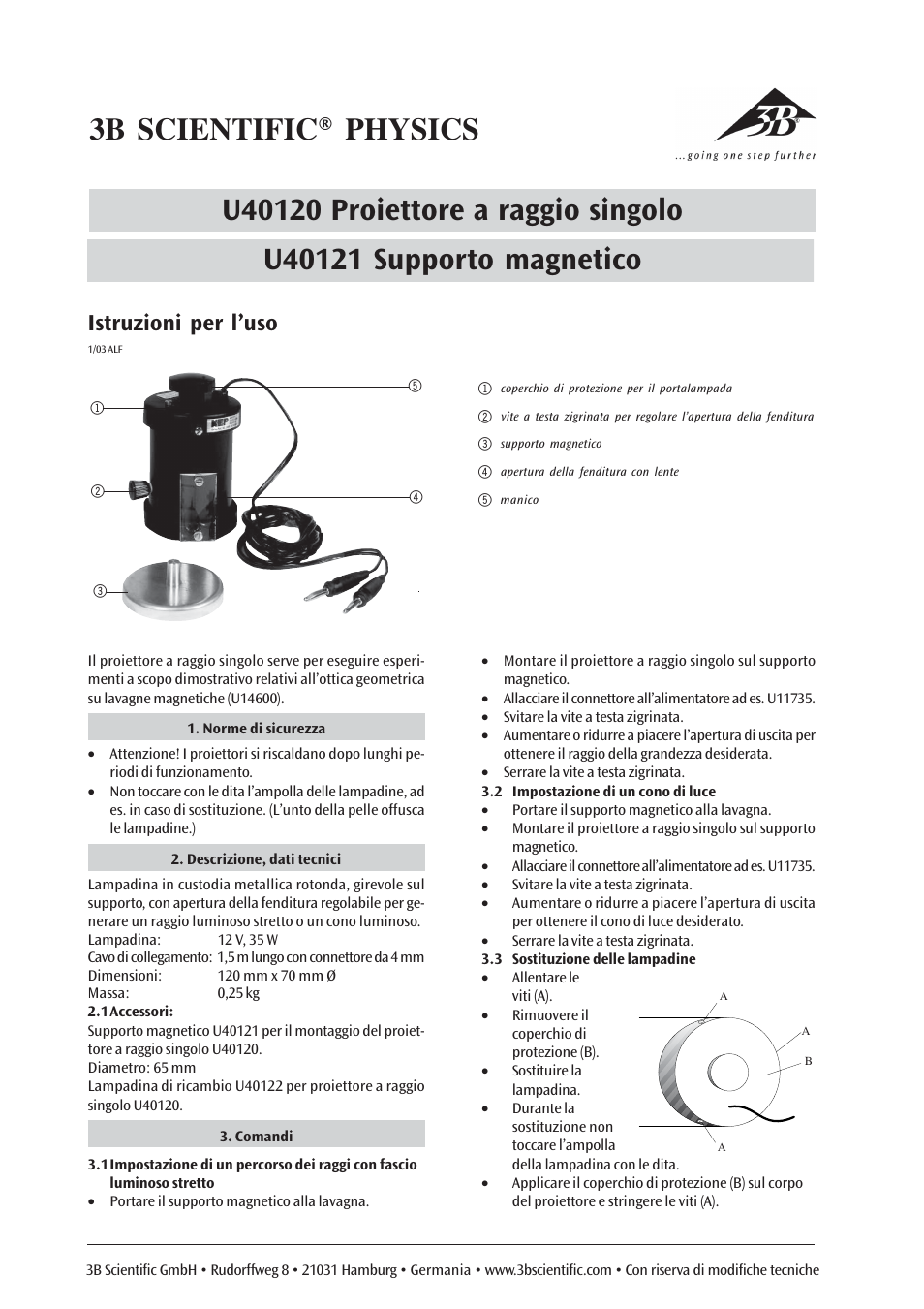Istruzioni per l’uso | 3B Scientific Single Ray Projector User Manual | Page 4 / 6