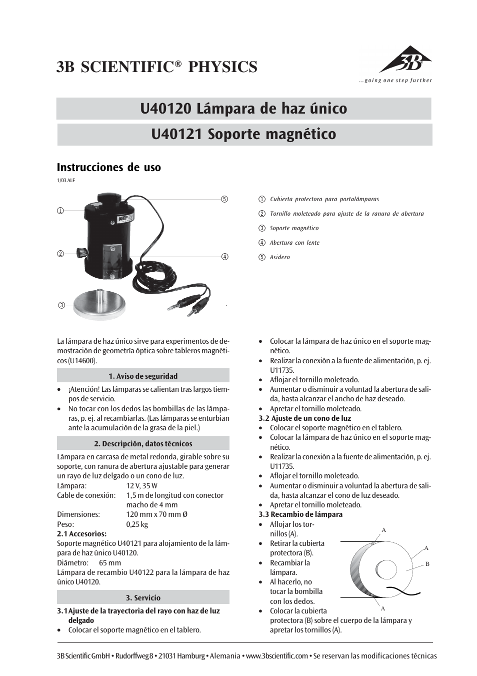 Instrucciones de uso | 3B Scientific Single Ray Projector User Manual | Page 5 / 6