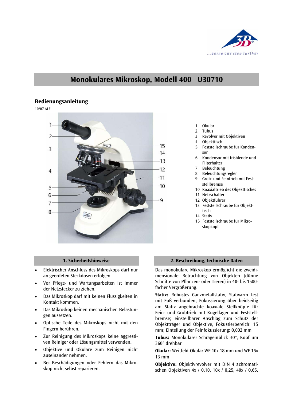 3B Scientific Monocular Microscope Model 400 User Manual | 18 pages