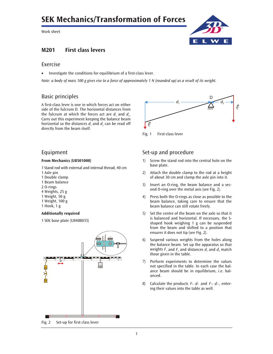 Sek mechanics/transformation of forces, M201 first class levers, Exercise | Basic principles, Equipment, Set-up and procedure | 3B Scientific Advanced Mechanics Kit User Manual | Page 2 / 3