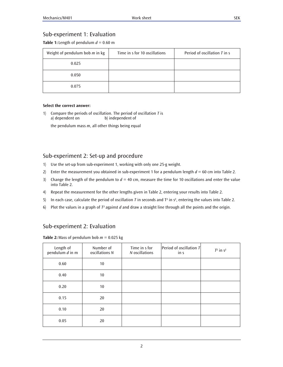 Sub-experiment 1: evaluation, Sub-experiment 2: set-up and procedure, Sub-experiment 2: evaluation | 3B Scientific Advanced Mechanics Kit User Manual | Page 3 / 3