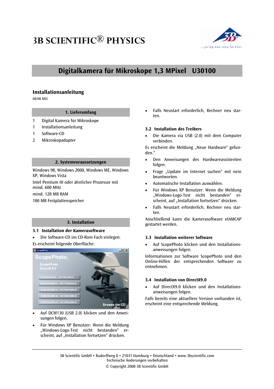 3B Scientific Digital Camera for Microscope, 1.3 Mpixels User Manual | 12 pages