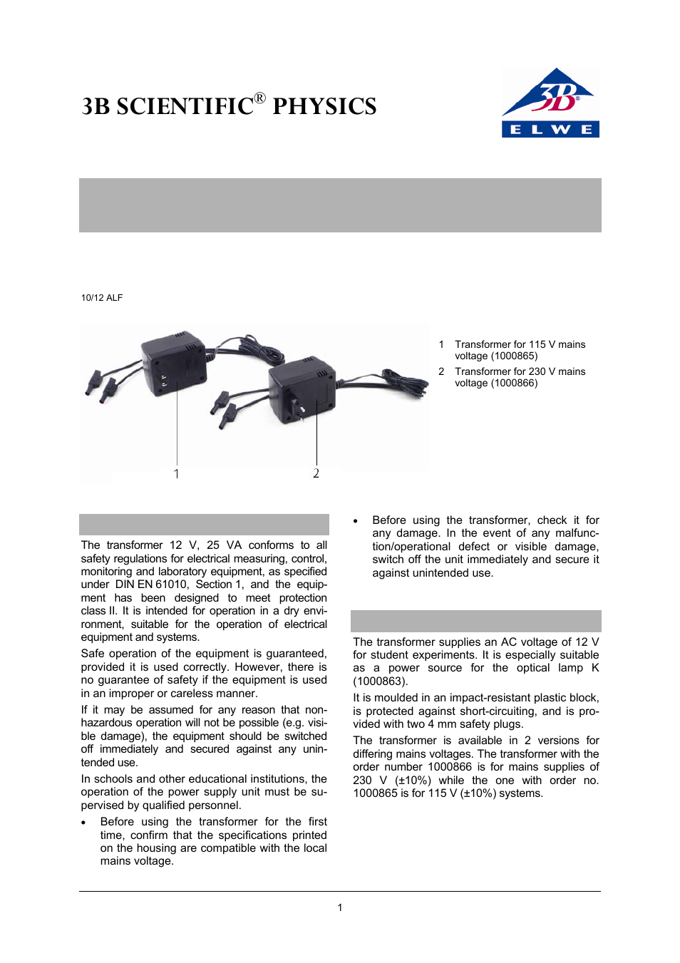 3B Scientific Transformer 12 V, 25 VA (115 V, 50__60 Hz) User Manual | 2 pages