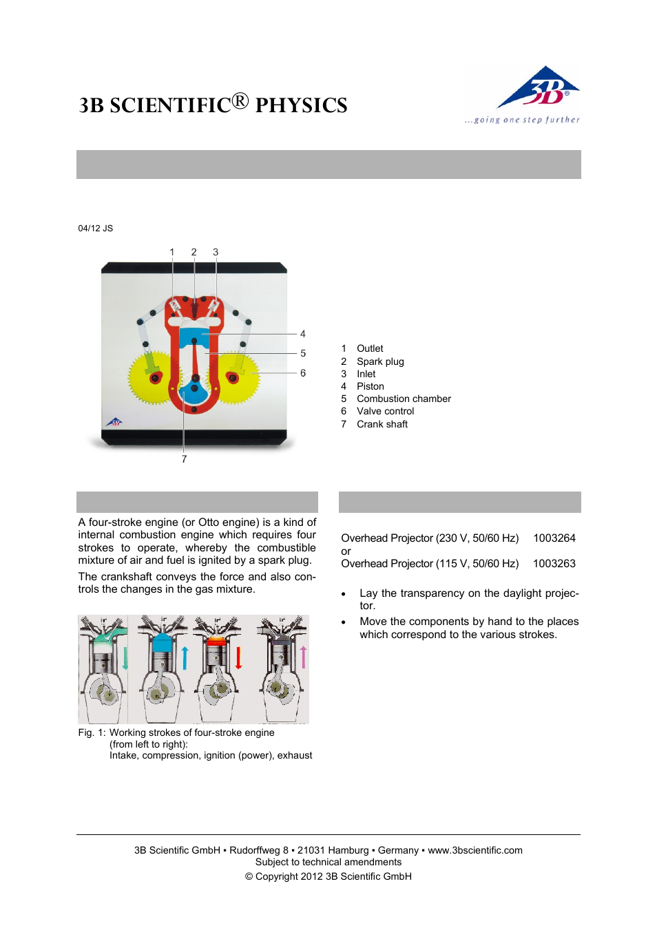 3B Scientific Four-Stroke Engine, Transparent User Manual | 2 pages