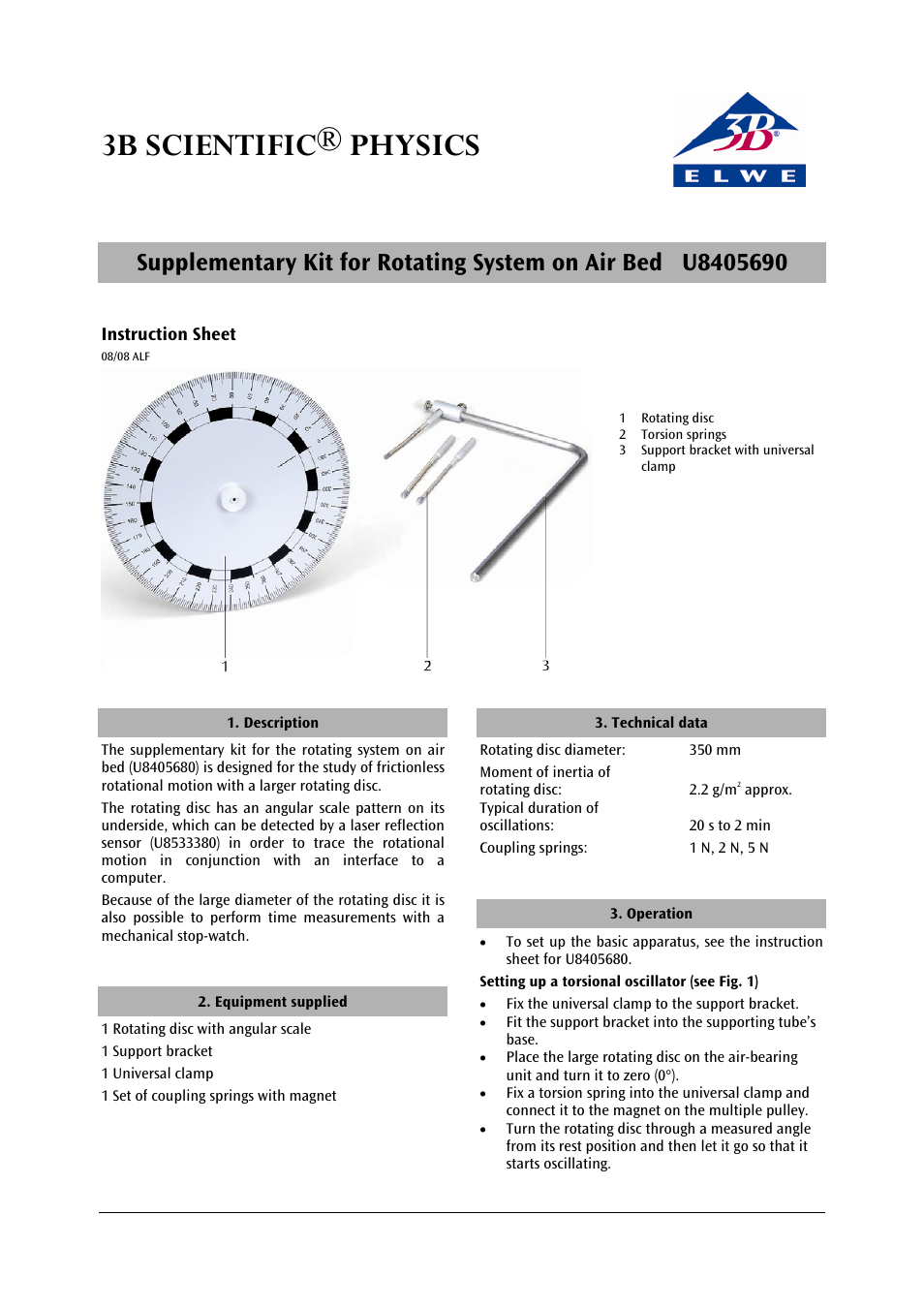 3b scientific® physics | 3B Scientific Supplementary Kit for Rotating System on Air Bed User Manual | Page 3 / 12