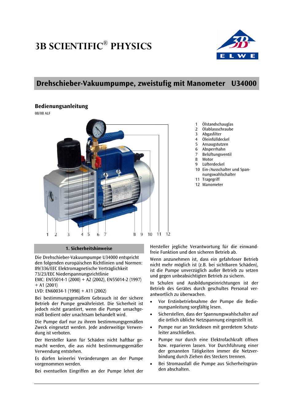 3B Scientific Rotary-Vane Vacuum Pump, Two-Stage User Manual | 24 pages