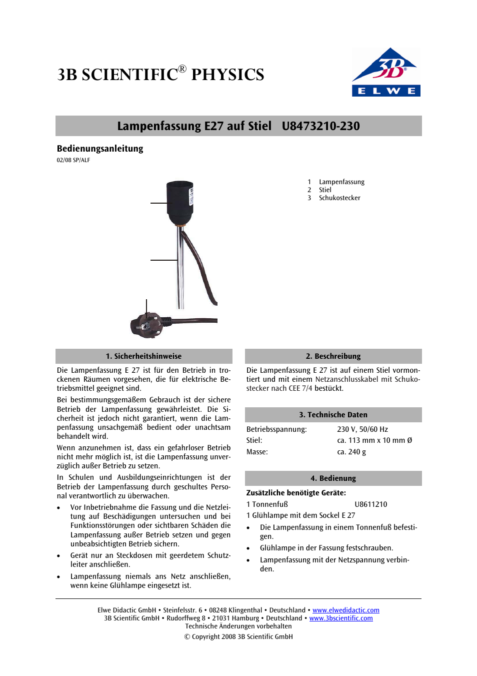 3B Scientific E27 Lamp Socket on Stem User Manual | 12 pages