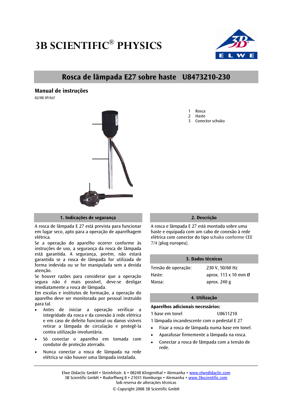 3b scientific, Physics | 3B Scientific E27 Lamp Socket on Stem User Manual | Page 11 / 12