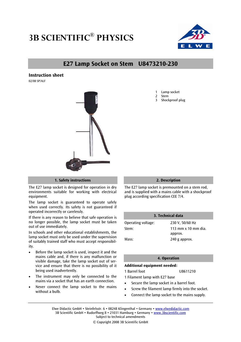 3b scientific, Physics | 3B Scientific E27 Lamp Socket on Stem User Manual | Page 3 / 12