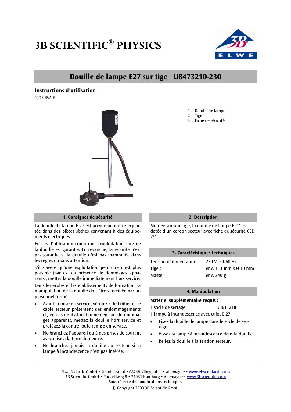 3b scientific, Physics | 3B Scientific E27 Lamp Socket on Stem User Manual | Page 5 / 12