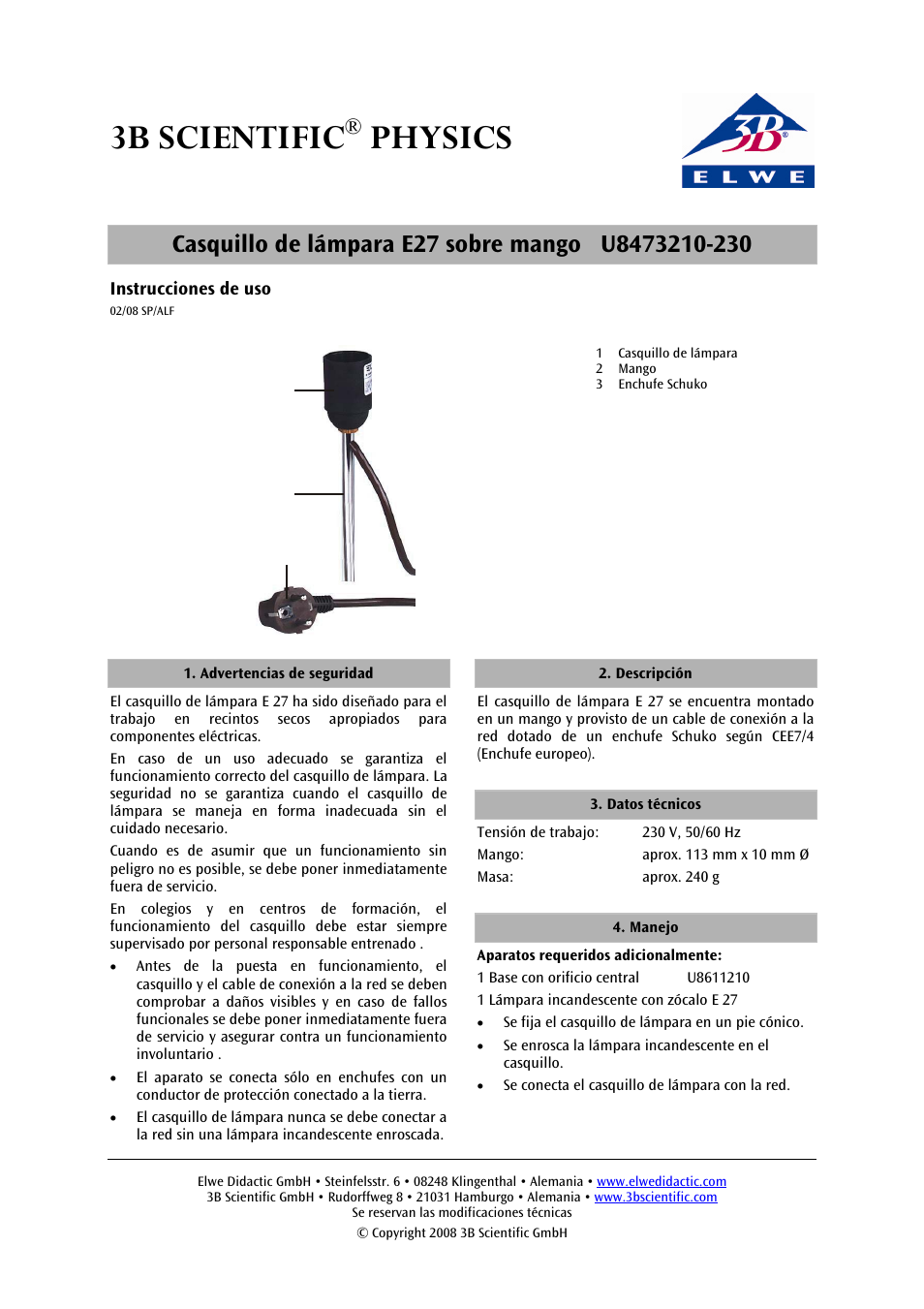 3b scientific, Physics | 3B Scientific E27 Lamp Socket on Stem User Manual | Page 9 / 12
