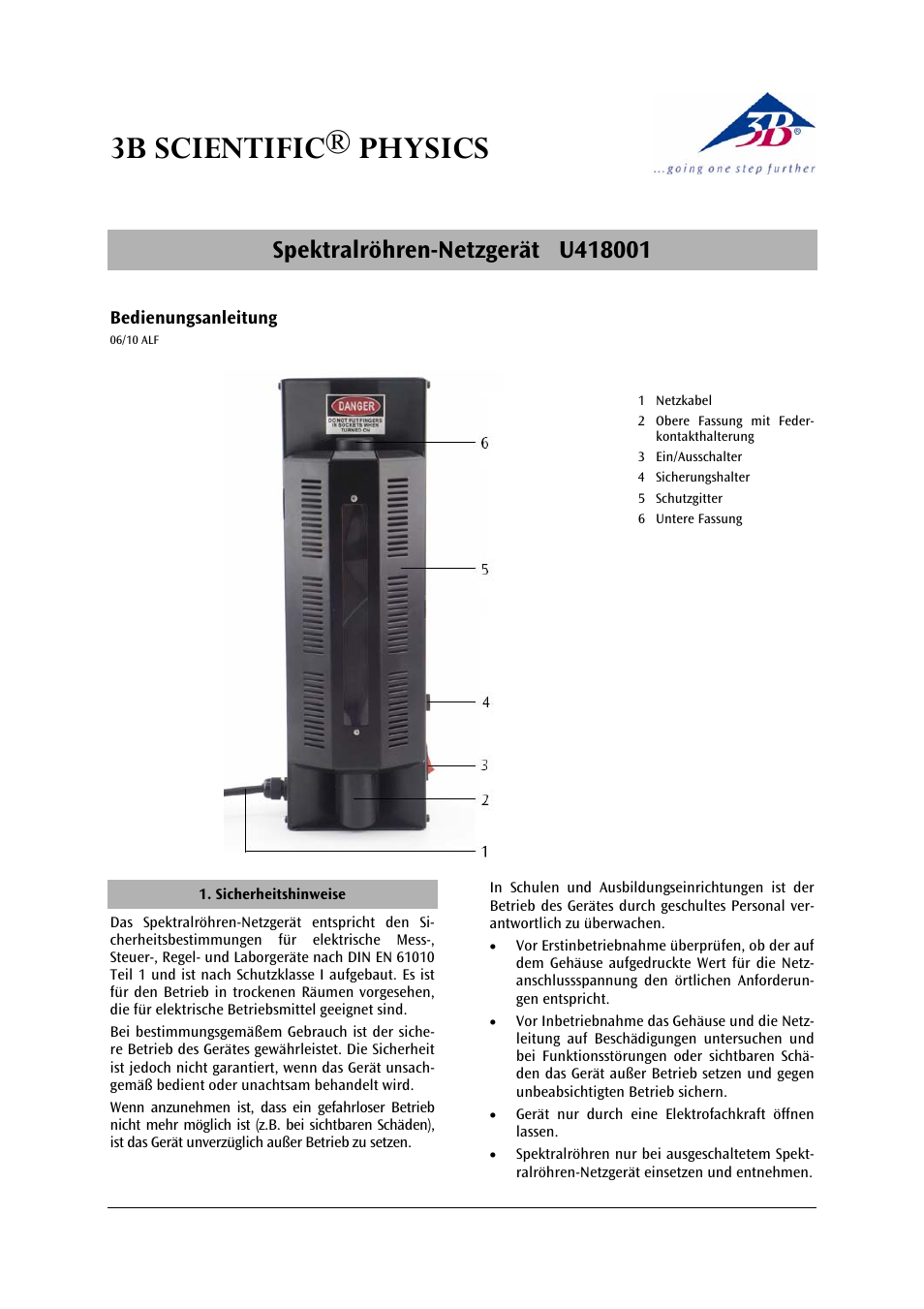 3B Scientific Spectrum Tube Power Supply (230V, 50__60 Hz) User Manual | 12 pages