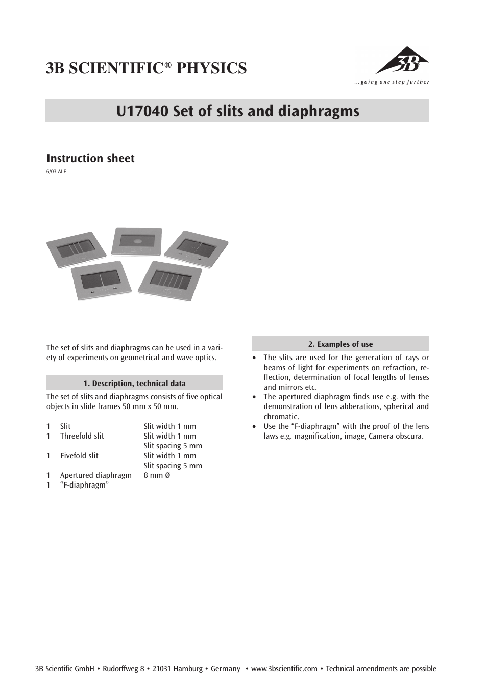 3B Scientific Set of 5 Slit and Hole Diaphragms User Manual | 1 page