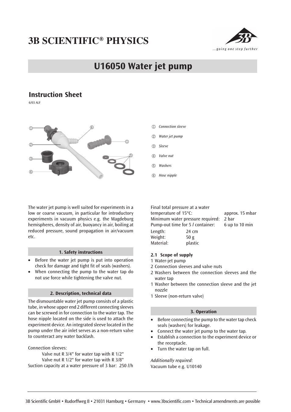 3B Scientific Water-Jet Pump User Manual | 1 page