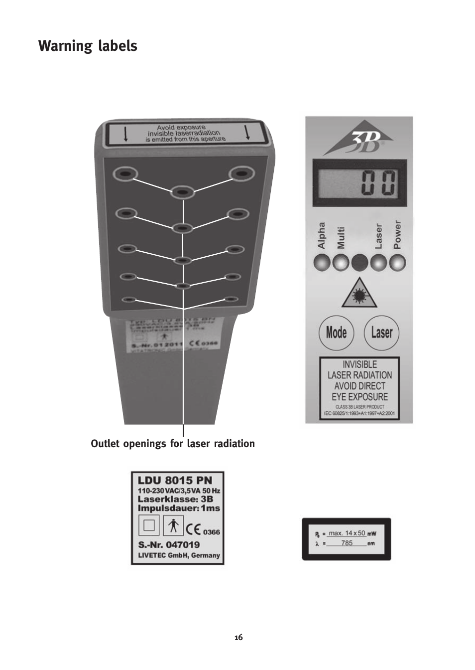 Warning labels | 3B Scientific 3B LASER SHOWER User Manual | Page 16 / 40
