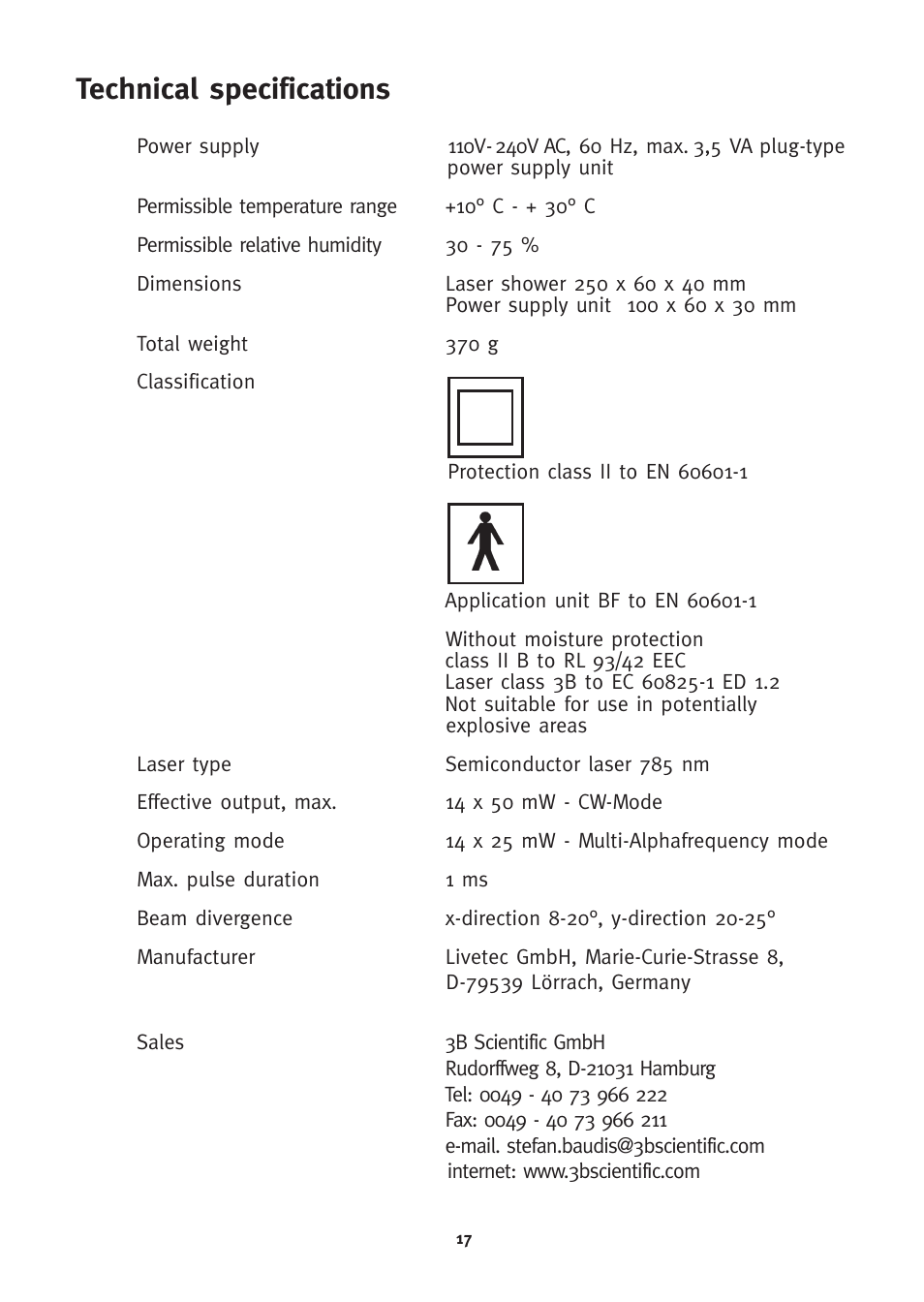 Technical specifications | 3B Scientific 3B LASER SHOWER User Manual | Page 17 / 40