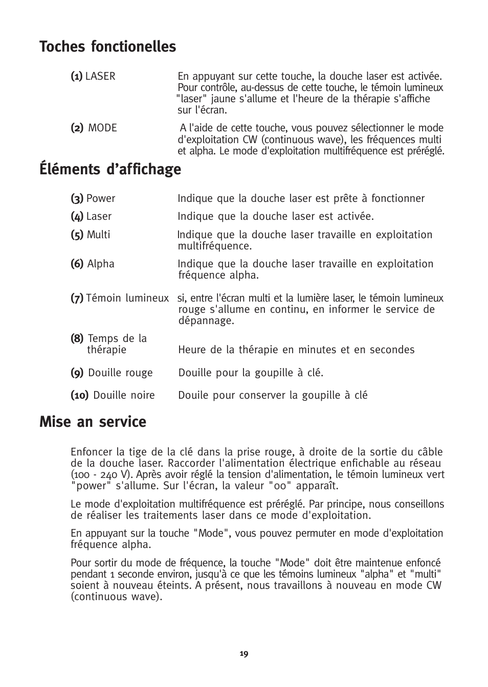 Toches fonctionelles, Éléments d’affichage mise an service | 3B Scientific 3B LASER SHOWER User Manual | Page 19 / 40