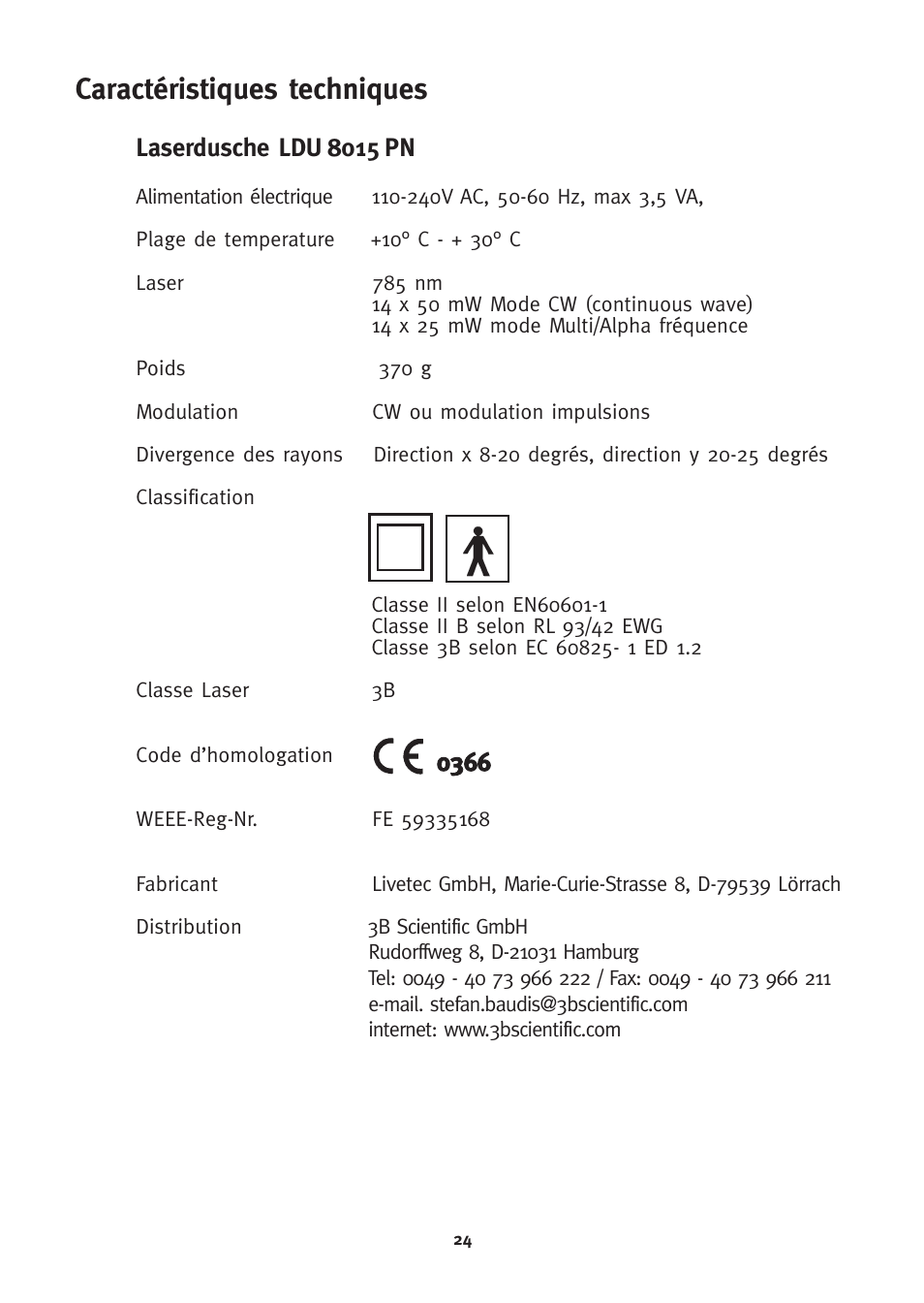 Caractéristiques techniques, Laserdusche ldu 8015 pn | 3B Scientific 3B LASER SHOWER User Manual | Page 24 / 40