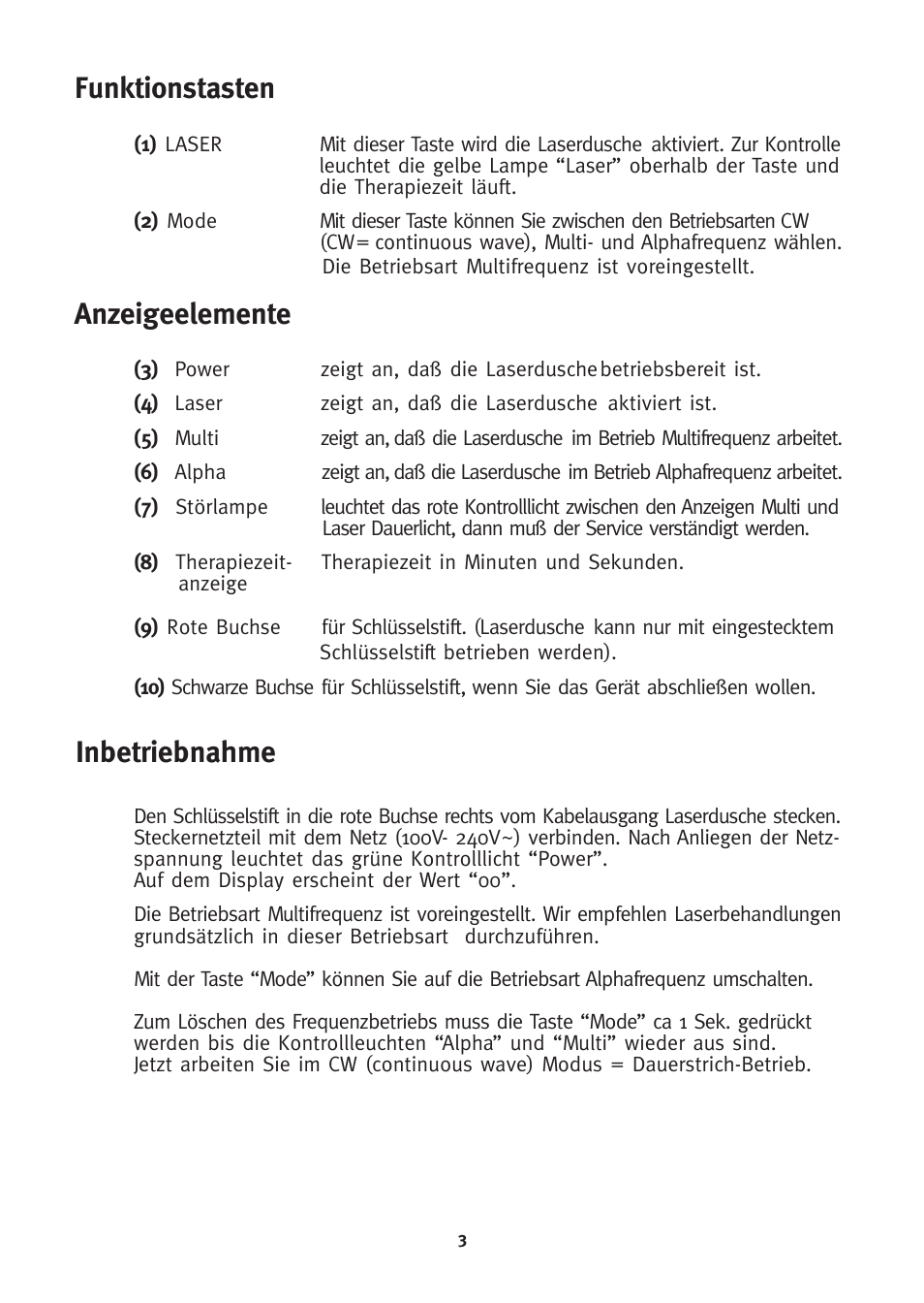 Funktionstasten, Anzeigeelemente inbetriebnahme | 3B Scientific 3B LASER SHOWER User Manual | Page 3 / 40