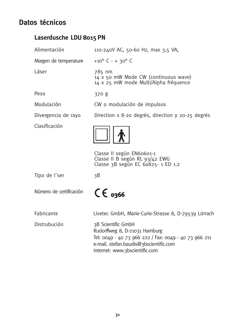 Datos técnicos, Laserdusche ldu 8015 pn | 3B Scientific 3B LASER SHOWER User Manual | Page 31 / 40