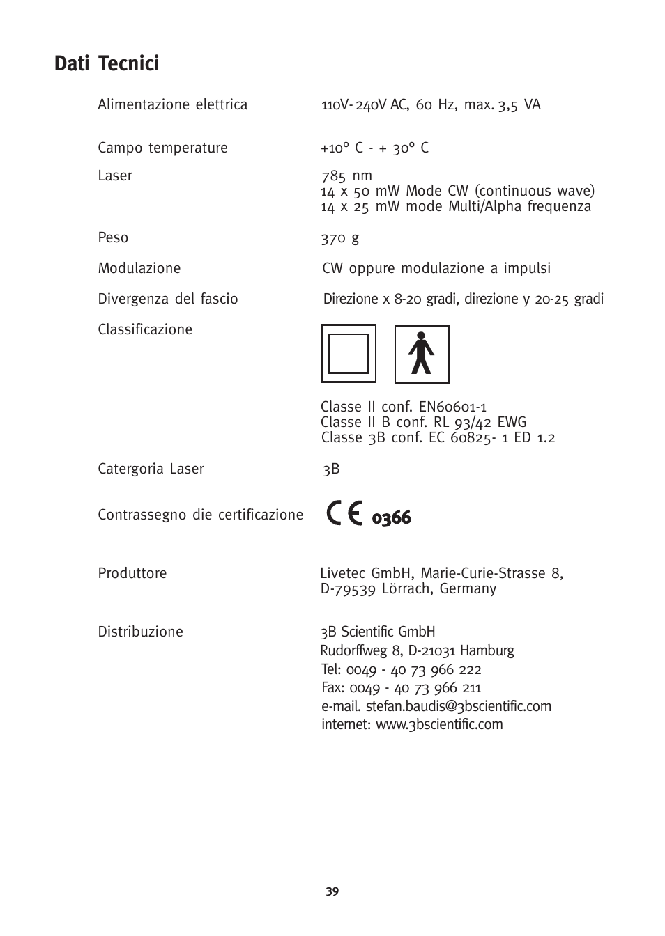 Dati tecnici | 3B Scientific 3B LASER SHOWER User Manual | Page 39 / 40